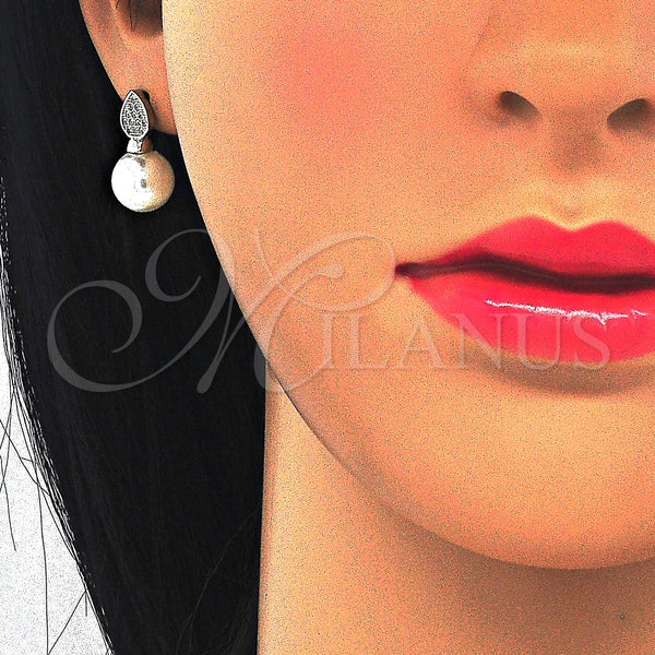 Arete Dormilona 02.186.0072 Plata Rodinada, Diseño de Gota, con Perla Marfil y Micro Pave Blanca, Pulido, Rodinado