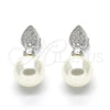 Arete Dormilona 02.186.0072 Plata Rodinada, Diseño de Gota, con Perla Marfil y Micro Pave Blanca, Pulido, Rodinado