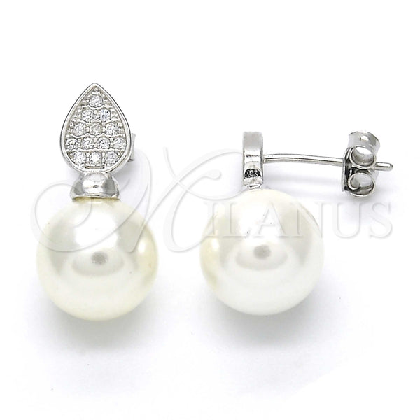 Arete Dormilona 02.186.0072 Plata Rodinada, Diseño de Gota, con Perla Marfil y Micro Pave Blanca, Pulido, Rodinado