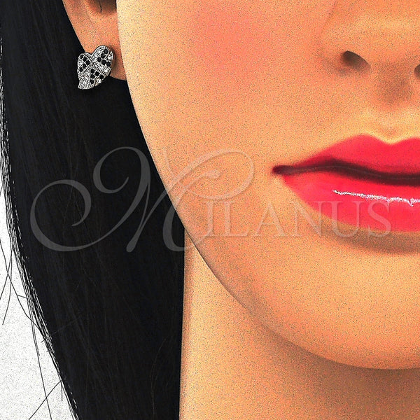 Arete Dormilona 02.186.0074 Plata Rodinada, Diseño de Corazón, con Micro Pave Negro y Blanca, Pulido, Rodinado