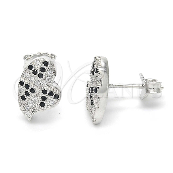 Arete Dormilona 02.186.0074 Plata Rodinada, Diseño de Corazón, con Micro Pave Negro y Blanca, Pulido, Rodinado