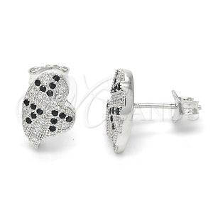 Arete Dormilona 02.186.0074 Plata Rodinada, Diseño de Corazón, con Micro Pave Negro y Blanca, Pulido, Rodinado