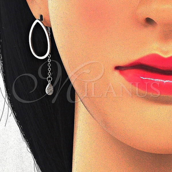 Arete Dormilona 02.186.0085 Plata Rodinada, Diseño de Gota, con Micro Pave Blanca, Pulido, Rodinado