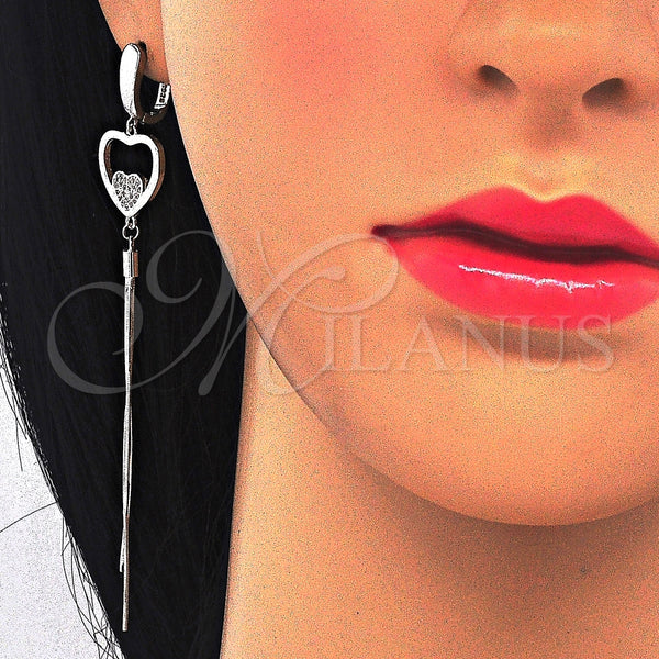 Arete Largo 02.186.0094 Plata Rodinada, Diseño de Corazón, con Micro Pave Blanca, Pulido, Rodinado