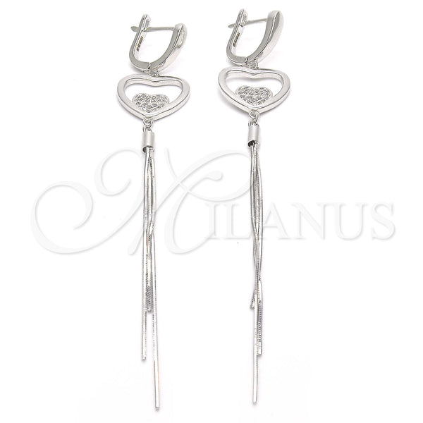 Arete Largo 02.186.0094 Plata Rodinada, Diseño de Corazón, con Micro Pave Blanca, Pulido, Rodinado