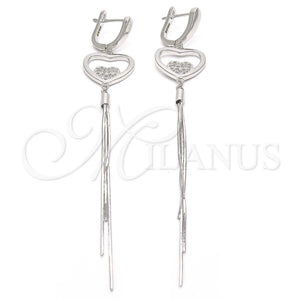 Arete Largo 02.186.0094 Plata Rodinada, Diseño de Corazón, con Micro Pave Blanca, Pulido, Rodinado