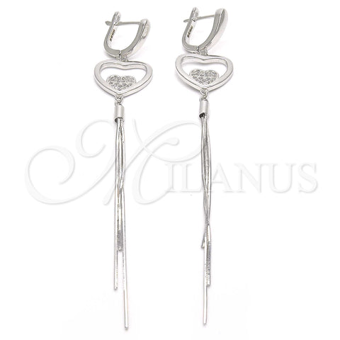 Arete Largo 02.186.0094 Plata Rodinada, Diseño de Corazón, con Micro Pave Blanca, Pulido, Rodinado