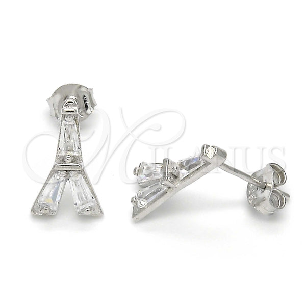 Arete Dormilona 02.186.0115 Plata Rodinada, Diseño de Torre Eiffel, con Zirconia Cubica Blanca, Pulido, Rodinado