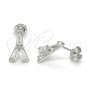 Arete Dormilona 02.186.0115 Plata Rodinada, Diseño de Torre Eiffel, con Zirconia Cubica Blanca, Pulido, Rodinado