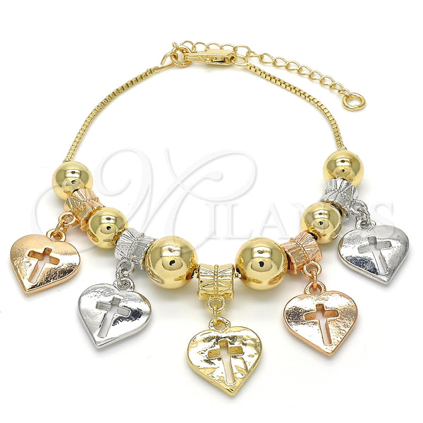 Pulsera de Dije 03.63.1924.1.08 Oro Laminado, Diseño de Corazón y Cruz, Pulido, Tres Tonos (01 MM Thickness, 8 Inches Length)