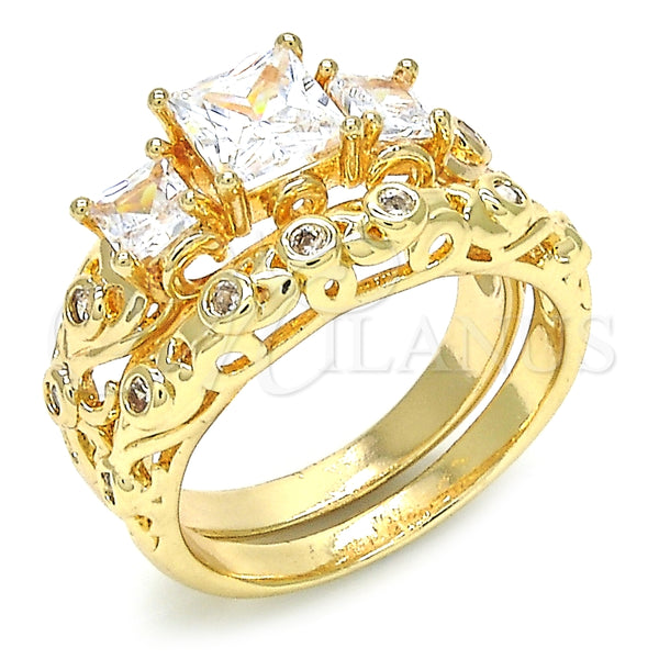 Anillo de Boda 01.284.0024.09 Oro Laminado, Diseño de Doble, con Blanca Zirconia Cubica, Pulido, Tono Dorado (Size 9)