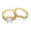 Anillo de Boda 01.284.0027.09 Oro Laminado, Diseño de Doble, con Blanca Zirconia Cubica, Pulido, Tono Dorado (Size 9)