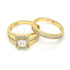 Anillo de Boda 01.284.0038.07 Oro Laminado, Diseño de Doble, con Blanca Zirconia Cubica, Pulido, Tono Dorado (Size 7)