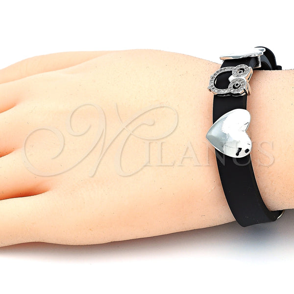 Pulsera Elegante 03.63.1930.1.08 Rodio Laminado, Diseño de Búho y Corazón, con Micro Pave Negro y Blanca, Pulido, Rodinado (Grosor 10 MM, 8 Pulgadas de Largo)