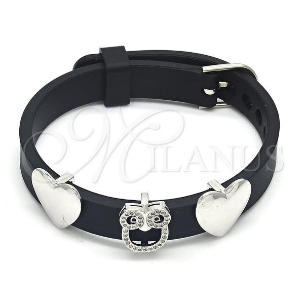 Pulsera Elegante 03.63.1930.1.08 Rodio Laminado, Diseño de Búho y Corazón, con Micro Pave Negro y Blanca, Pulido, Rodinado (Grosor 10 MM, 8 Pulgadas de Largo)
