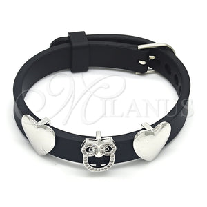Pulsera Elegante 03.63.1930.1.08 Rodio Laminado, Diseño de Búho y Corazón, con Micro Pave Negro y Blanca, Pulido, Rodinado (Grosor 10 MM, 8 Pulgadas de Largo)