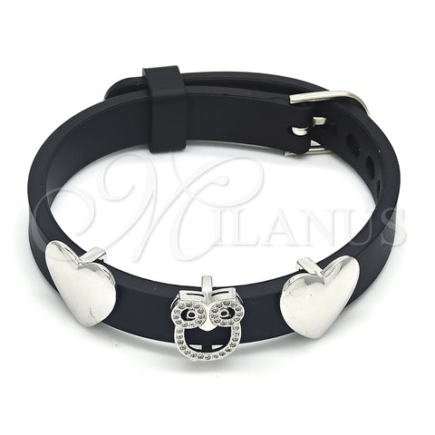 Pulsera Elegante 03.63.1930.1.08 Rodio Laminado, Diseño de Búho y Corazón, con Micro Pave Negro y Blanca, Pulido, Rodinado (Grosor 10 MM, 8 Pulgadas de Largo)