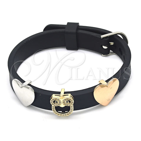 Pulsera Elegante 03.63.1930.2.08 Oro Laminado, Diseño de Búho y Corazón, con Negro and Blanca Micro Pave, Pulido, Tres Tonos (10 MM Thickness, 8 Inches Length)
