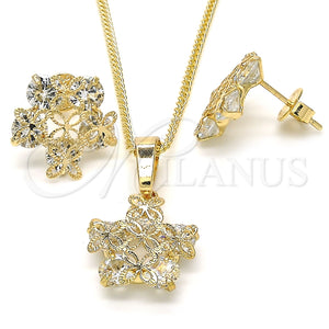 Juego de Arete y Dije de Adulto 10.106.0009 Oro Laminado, Diseño de Flor, con Blanca Zirconia Cubica, Pulido, Tono Dorado