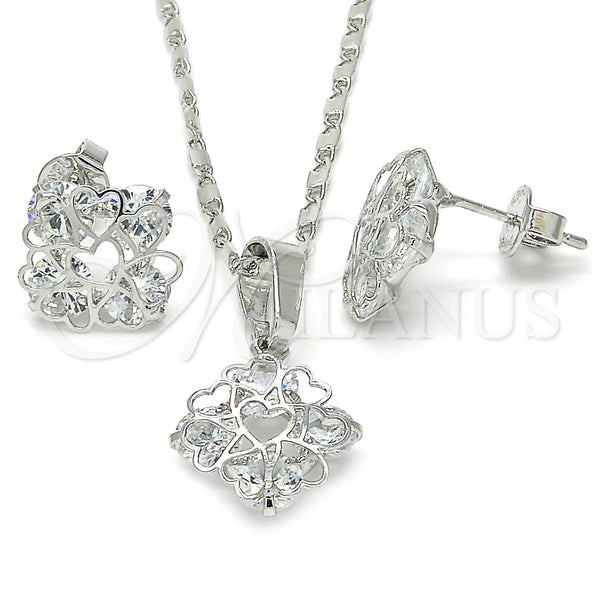Juego de Arete y Dije de Adulto 10.106.0013.1 Rodio Laminado, Diseño de Corazón, con Zirconia Cubica Blanca, Pulido, Rodinado