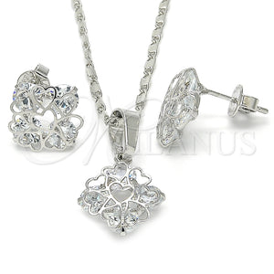 Juego de Arete y Dije de Adulto 10.106.0013.1 Rodio Laminado, Diseño de Corazón, con Zirconia Cubica Blanca, Pulido, Rodinado