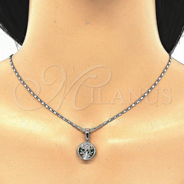 Juego de Arete y Dije de Adulto 10.106.0014.3 Rodio Laminado, Diseño de Ãrbol, con Zirconia Cubica Verde y Blanca, Pulido, Rodinado
