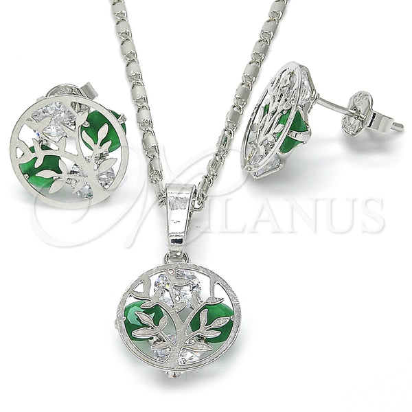 Juego de Arete y Dije de Adulto 10.106.0014.3 Rodio Laminado, Diseño de Ãrbol, con Zirconia Cubica Verde y Blanca, Pulido, Rodinado