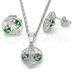 Juego de Arete y Dije de Adulto 10.106.0014.3 Rodio Laminado, Diseño de Ãrbol, con Zirconia Cubica Verde y Blanca, Pulido, Rodinado