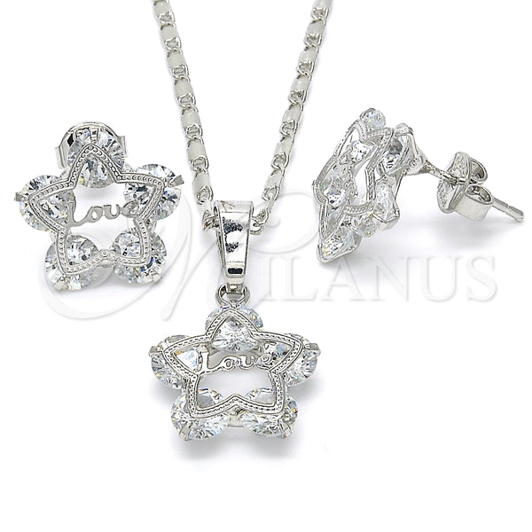 Juego de Arete y Dije de Adulto 10.106.0015.1 Rodio Laminado, Diseño de Estrella y Amor, con Zirconia Cubica Blanca, Pulido, Rodinado