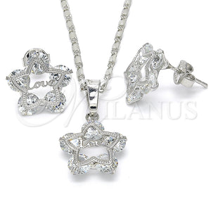 Juego de Arete y Dije de Adulto 10.106.0015.1 Rodio Laminado, Diseño de Estrella y Amor, con Zirconia Cubica Blanca, Pulido, Rodinado