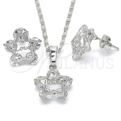 Juego de Arete y Dije de Adulto 10.106.0015.1 Rodio Laminado, Diseño de Estrella y Amor, con Zirconia Cubica Blanca, Pulido, Rodinado