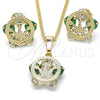 Juego de Arete y Dije de Adulto 10.106.0017.2 Oro Laminado, Diseño de Corona, con Verde and Blanca Zirconia Cubica, Pulido, Tono Dorado