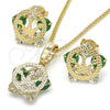 Juego de Arete y Dije de Adulto 10.106.0017.2 Oro Laminado, Diseño de Corona, con Verde and Blanca Zirconia Cubica, Pulido, Tono Dorado