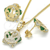 Juego de Arete y Dije de Adulto 10.106.0017.2 Oro Laminado, Diseño de Corona, con Verde and Blanca Zirconia Cubica, Pulido, Tono Dorado