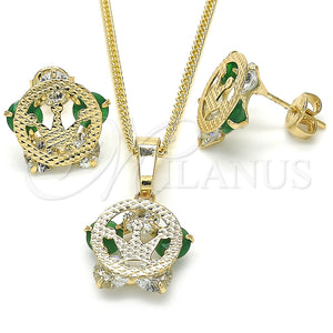 Juego de Arete y Dije de Adulto 10.106.0017.2 Oro Laminado, Diseño de Corona, con Verde and Blanca Zirconia Cubica, Pulido, Tono Dorado
