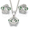 Juego de Arete y Dije de Adulto 10.106.0017.3 Rodio Laminado, Diseño de Corona, con Zirconia Cubica Verde y Blanca, Pulido, Rodinado