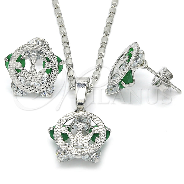 Juego de Arete y Dije de Adulto 10.106.0017.3 Rodio Laminado, Diseño de Corona, con Zirconia Cubica Verde y Blanca, Pulido, Rodinado