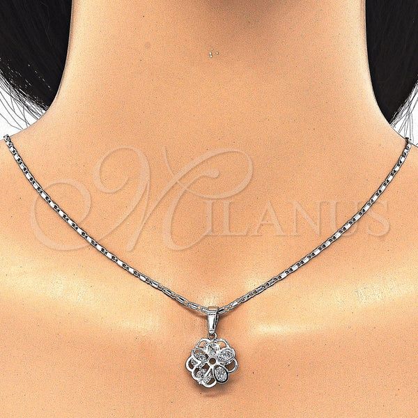 Juego de Arete y Dije de Adulto 10.106.0021.1 Rodio Laminado, Diseño de Flor, con Zirconia Cubica Blanca, Pulido, Rodinado