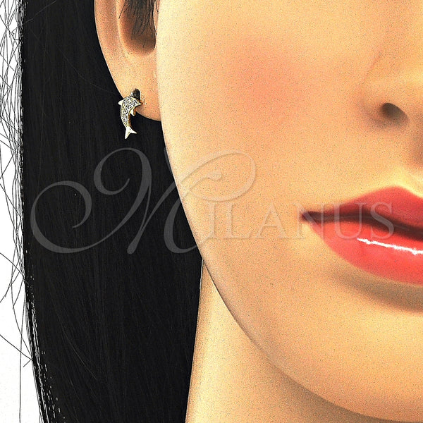 Arete Dormilona 02.174.0071 Plata Rodinada, Diseño de Delfín, con Micro Pave Blanca, Pulido, Tono Dorado