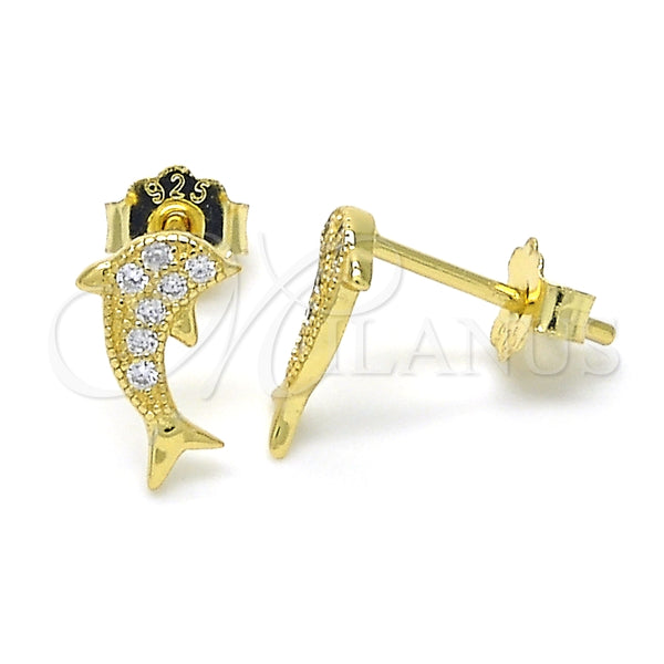 Arete Dormilona 02.174.0071 Plata Rodinada, Diseño de Delfín, con Micro Pave Blanca, Pulido, Tono Dorado