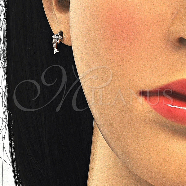 Arete Dormilona 02.174.0071.1 Plata Rodinada, Diseño de Delfín, con Micro Pave Blanca, Pulido, Tono Rosado