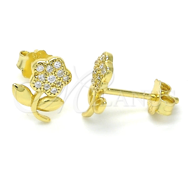 Arete Dormilona 02.174.0072 Plata Rodinada, Diseño de Flor, con Micro Pave Blanca, Pulido, Tono Dorado