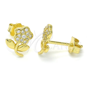 Arete Dormilona 02.174.0072 Plata Rodinada, Diseño de Flor, con Micro Pave Blanca, Pulido, Tono Dorado