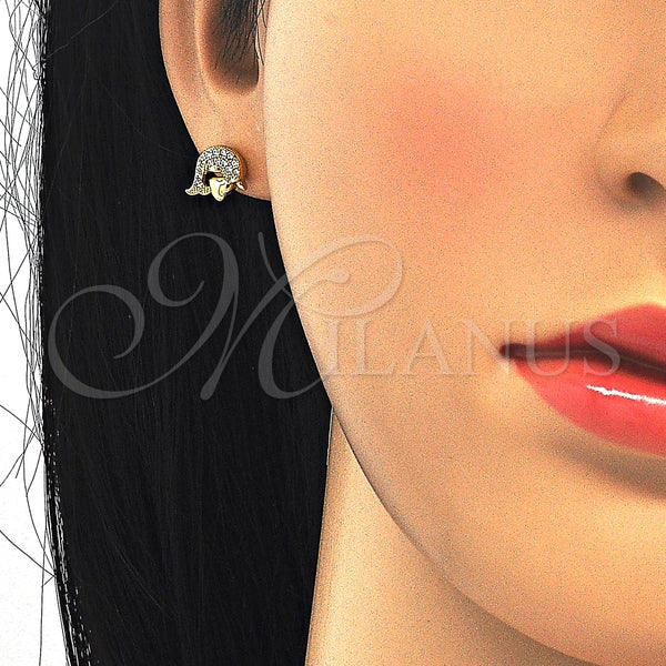 Arete Dormilona 02.174.0076 Plata Rodinada, Diseño de Delfín y Corazón, con Micro Pave Blanca, Pulido, Tono Dorado