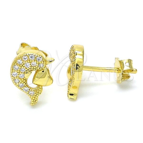 Arete Dormilona 02.174.0076 Plata Rodinada, Diseño de Delfín y Corazón, con Micro Pave Blanca, Pulido, Tono Dorado