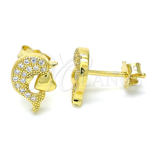 Arete Dormilona 02.174.0076 Plata Rodinada, Diseño de Delfín y Corazón, con Micro Pave Blanca, Pulido, Tono Dorado