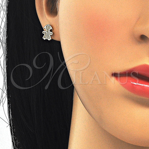 Arete Dormilona 02.174.0077 Plata Rodinada, Diseño de Niñita Pequeña, con Micro Pave Blanca, Pulido, Tono Dorado