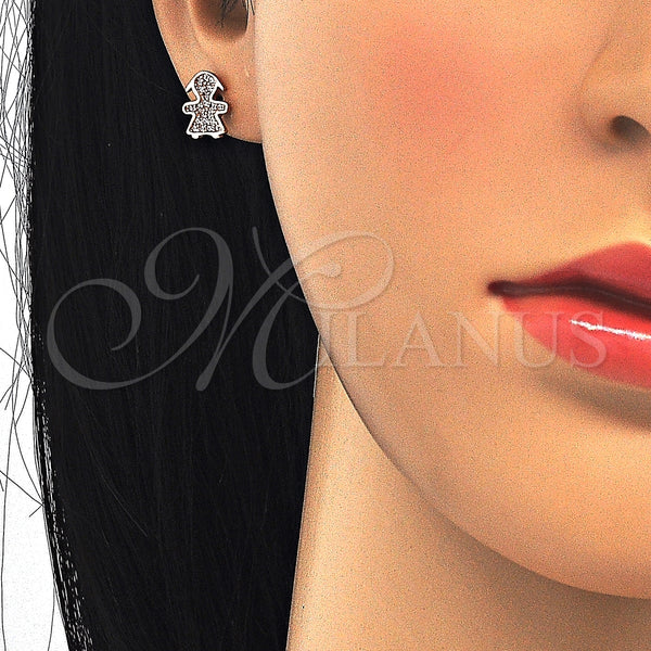 Arete Dormilona 02.174.0077.1 Plata Rodinada, Diseño de Niñita Pequeña, con Micro Pave Blanca, Pulido, Tono Rosado