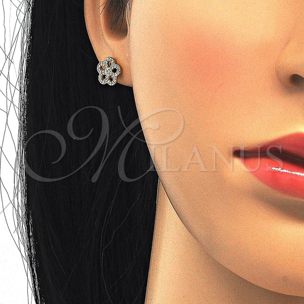 Arete Dormilona 02.174.0084 Plata Rodinada, Diseño de Flor, con Micro Pave Blanca, Pulido, Tono Dorado