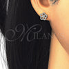 Arete Dormilona 02.174.0084 Plata Rodinada, Diseño de Flor, con Micro Pave Blanca, Pulido, Tono Dorado